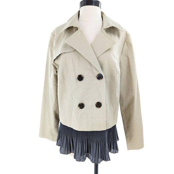 Trend Women Beige And Steel Blue Cotton Blend Short Trench Coat Size 40 - Picture 3 of 14